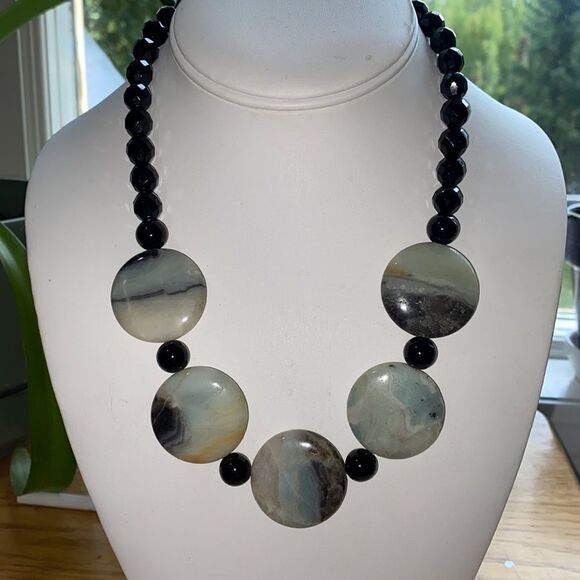 Estate Amazonite & Jet Black Stone Faceted Bead Statement Sterling Necklace - Picture 2 of 11